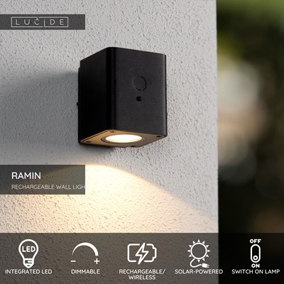 Lucide RAMIN - Wall light Indoor/Outdoor- Solar - LED Dim. - 1x1W 2700K/3000K - IP54 - Motion & Day/Night Sensor - Black
